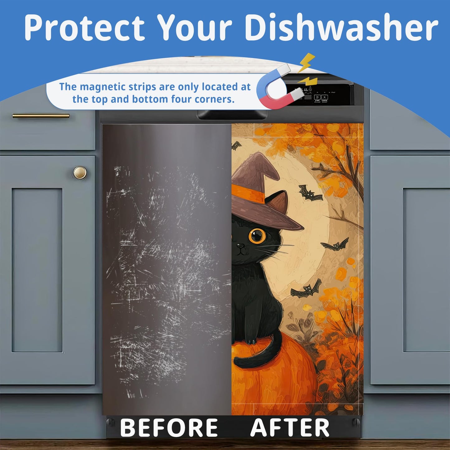 Magnetic Dishwasher Cover for Kitchen Decor Halloween Pumpkin,Washable Removable Black Cat Bat Front Panel Appliance Cover,23 x 26 Inch