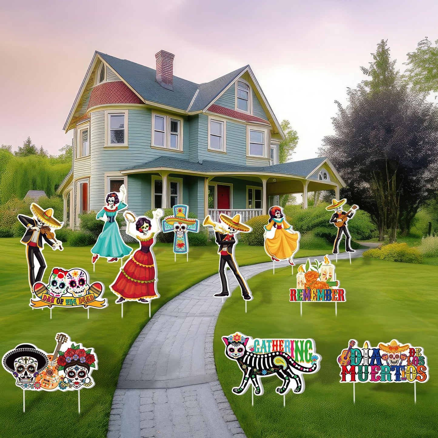 Amyhill 12 Pcs Day of the Dead Yard Decorations Halloween Outdoor Signs Decorations Dia De Los Muertos Decor Sugar Skull Sign Waterproof Mexican Fiesta Festival Party Supplies for Garden Lawn Patio