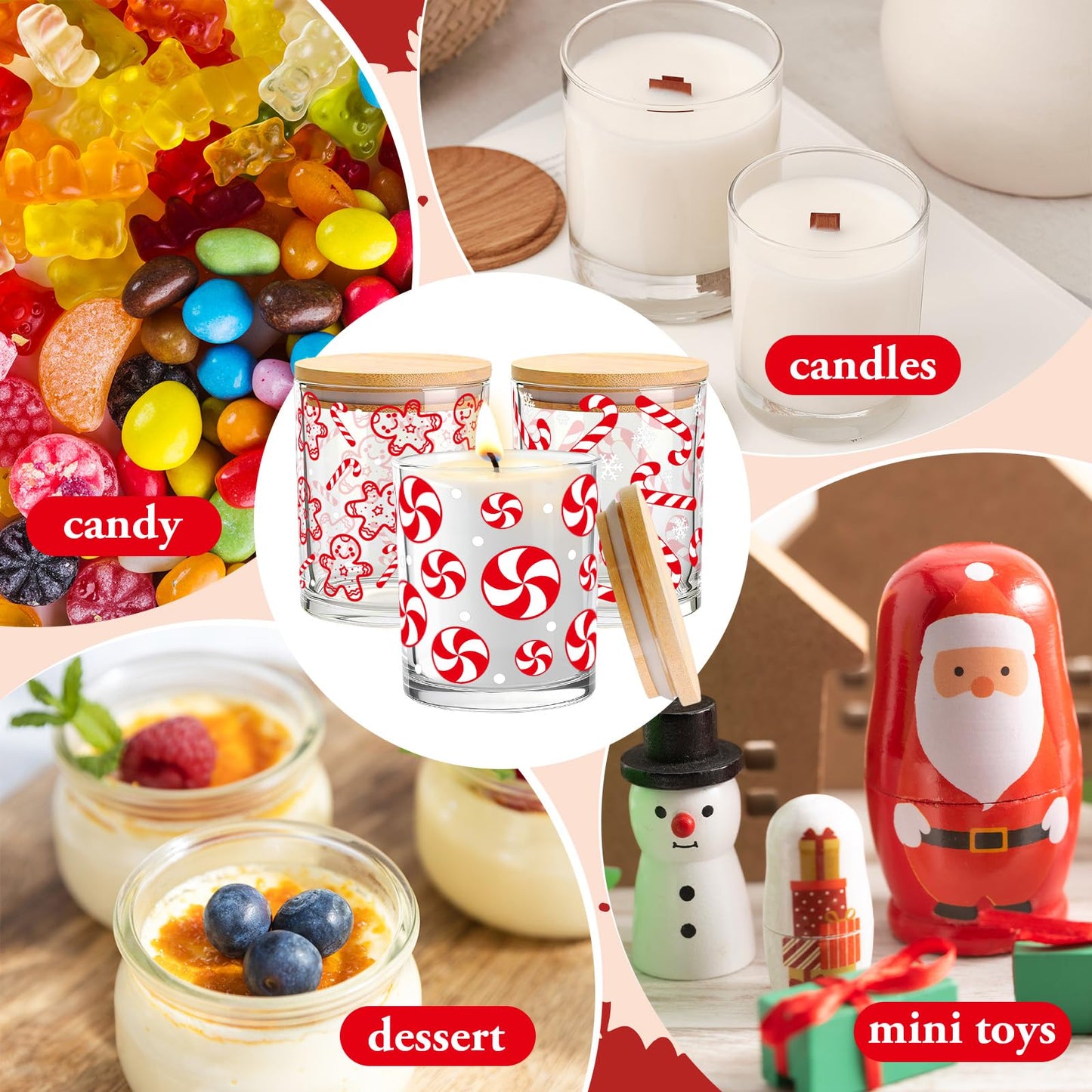 Whaline 12 Pcs Christmas Glass Candle Jars with Cork Lids Red Peppermint Gingerbread Candy Cane Clear Empty Container for Candle Making Storing Xmas Holiday Party Decor