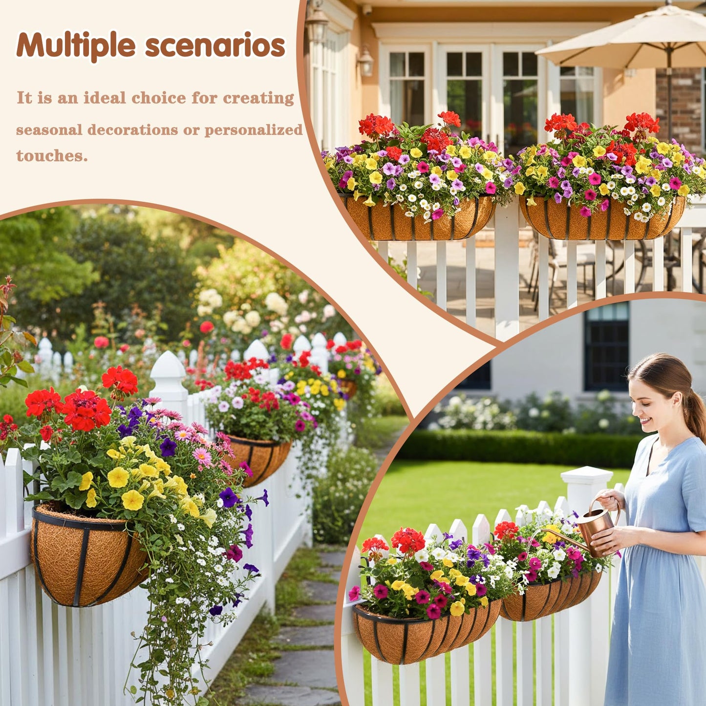 JFFLYIT 2 Pcs 16“ Railing Planter Window Box Deck Railing Planters Boxes with Coco Liner English Horse Trough Planters Metal Wall-Mounted Planter Basket for Outdoor Balcony Porch Fence Patio Rail