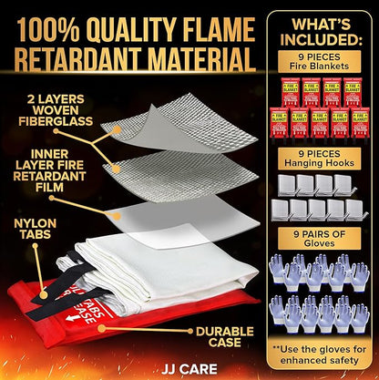 JJ CARE Fire Blanket – 9 Packs with Hooks and Gloves – 40” x 40” Fire Blankets Emergency for Home and Kitchen, High Heat Resistant and Flame Protection for Kitchen, Car, Office, Camping & Home Safety