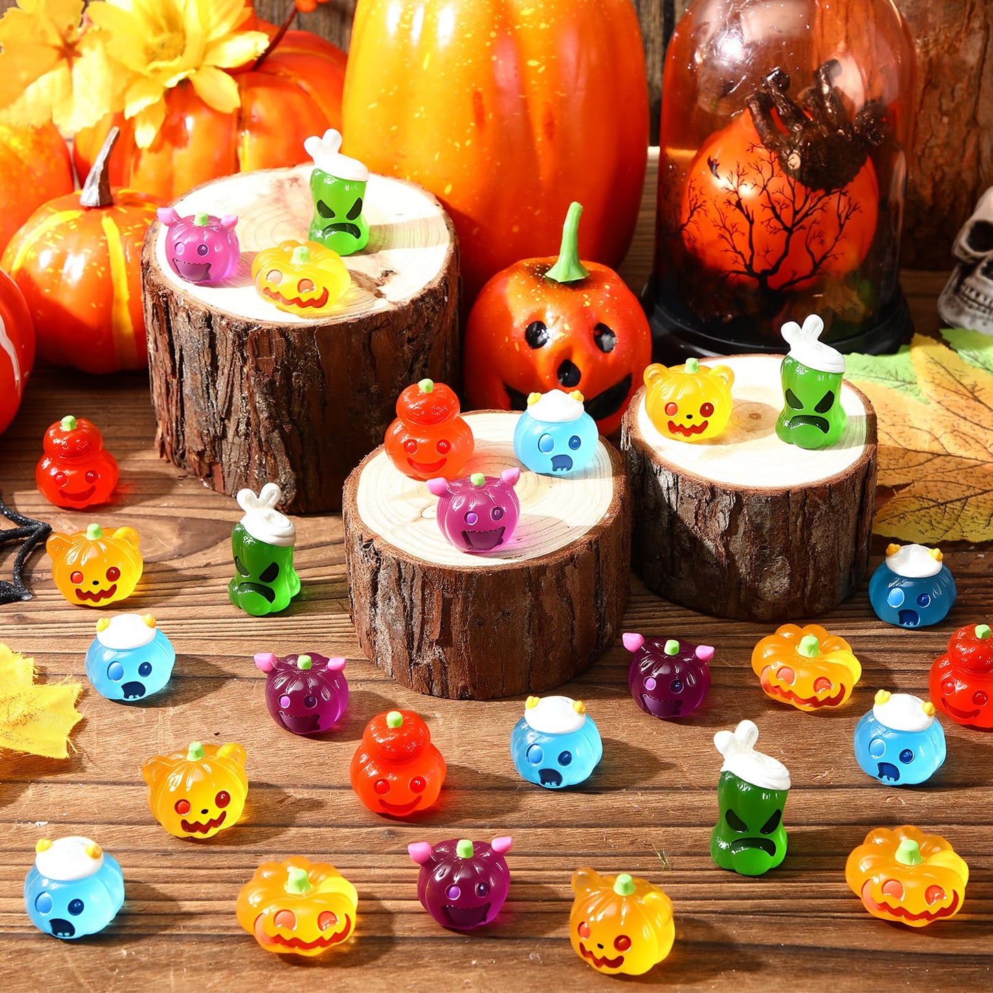 Seenelling 72 Pcs Halloween Mini Pumpkins Ghost Figures Luminous Small Resin Pumpkin Cute Miniature Ghost Ornament Glow in Dark for Halloween Garden Decoration Crafts