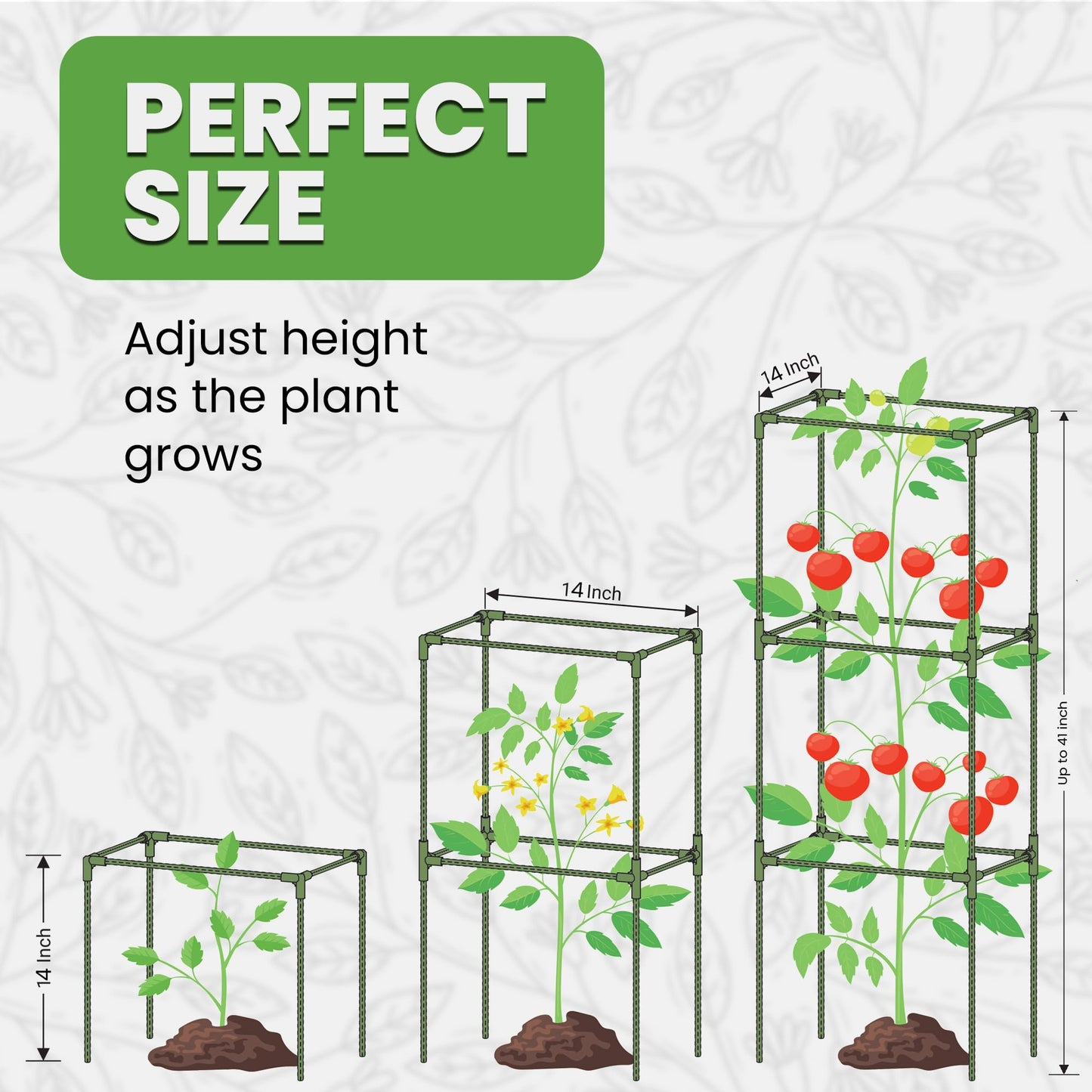 Tomato Cage Square - Large Trellis Stakes and Plant Support Structures for Vegetables and Climbing Plants - Tall Tomato Cages for Garden, Pots, Raised Garden Bed Outdoor Supplies (6 Pack - Up to 41"+