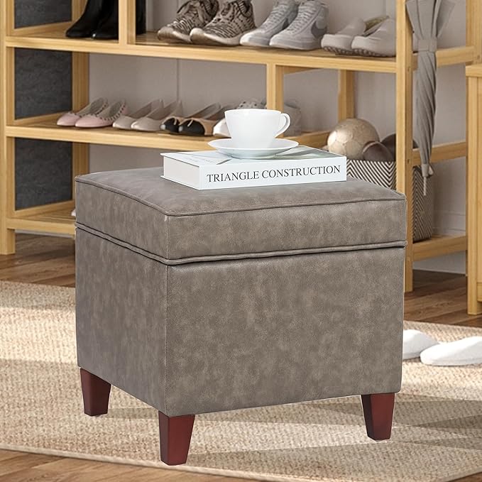 Adeco 17.5" Square Storage Ottoman, Faux Leather Flip Top Footstool & Coffee