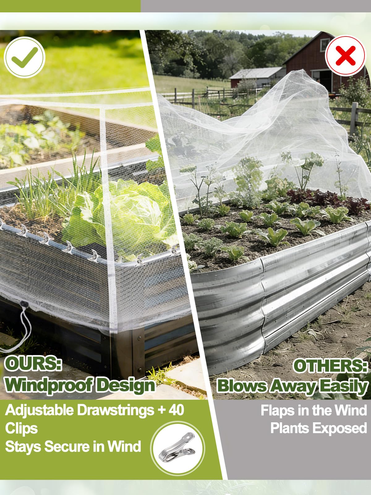 2 pcs Windproof Garden Netting for Raised Beds (4ft L x 2ft W x 1ft H) - 60 Mesh Bird Netting Garden Bed Cover with Drawstring & 40 Clips for Vegetables Flowers, Excluding Hoops or Frames