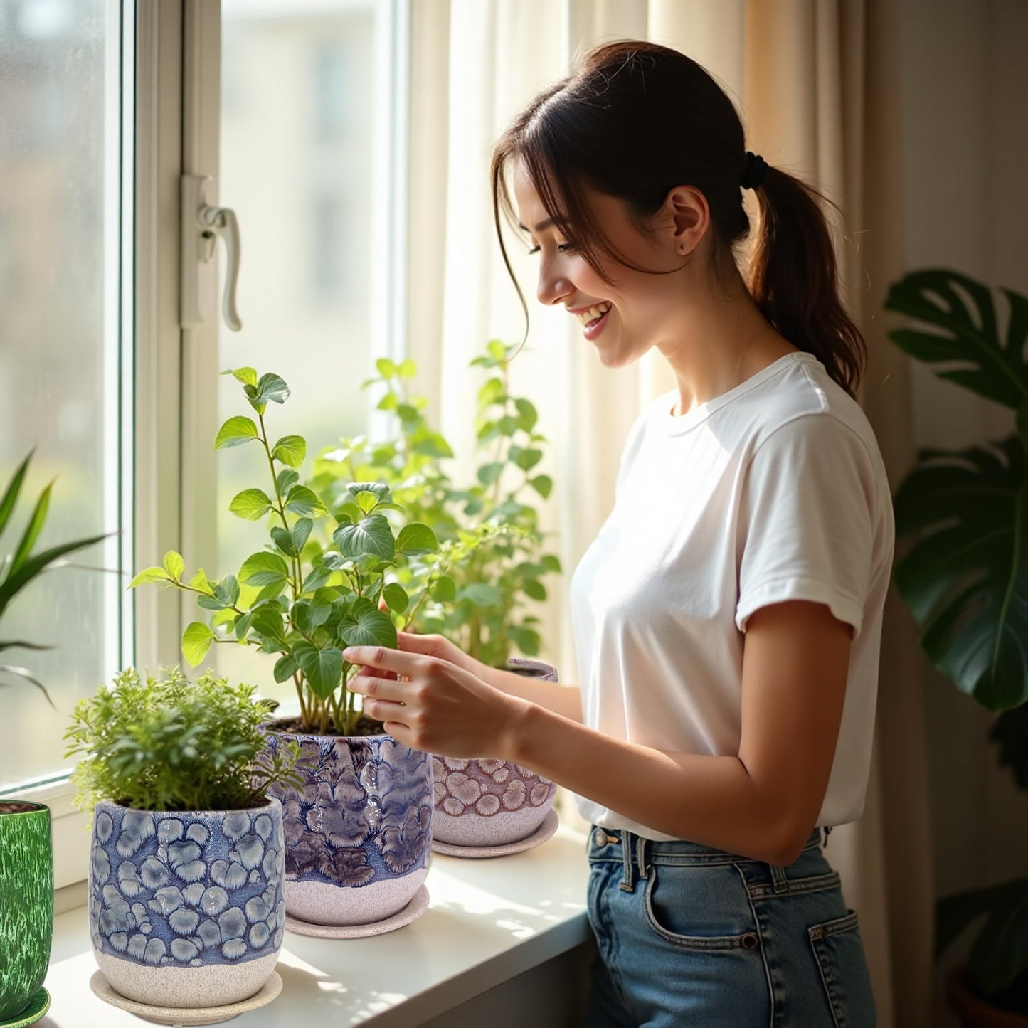 Chralji GIFTWARE 6 in Ceramic Plant Pot with Saucer，Indoor Plant Pot for Plants, Flower Pot with Drainage，Reactive Glaze Grey