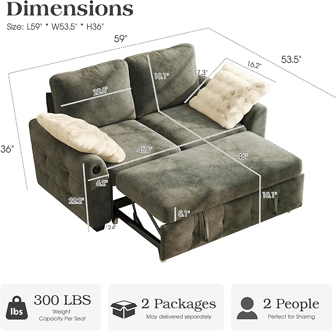 Ihanherry 59-inch Convertible Sofa Bed, Pull Out Sleeper