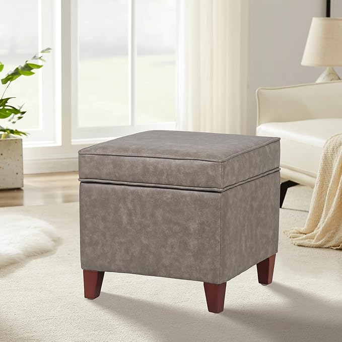 Adeco 17.5" Square Storage Ottoman, Faux Leather Flip Top Footstool & Coffee
