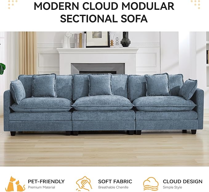111'' Sectional Cloud Deep Seat Couch, Modern Comfy Chenille Modular Sectional