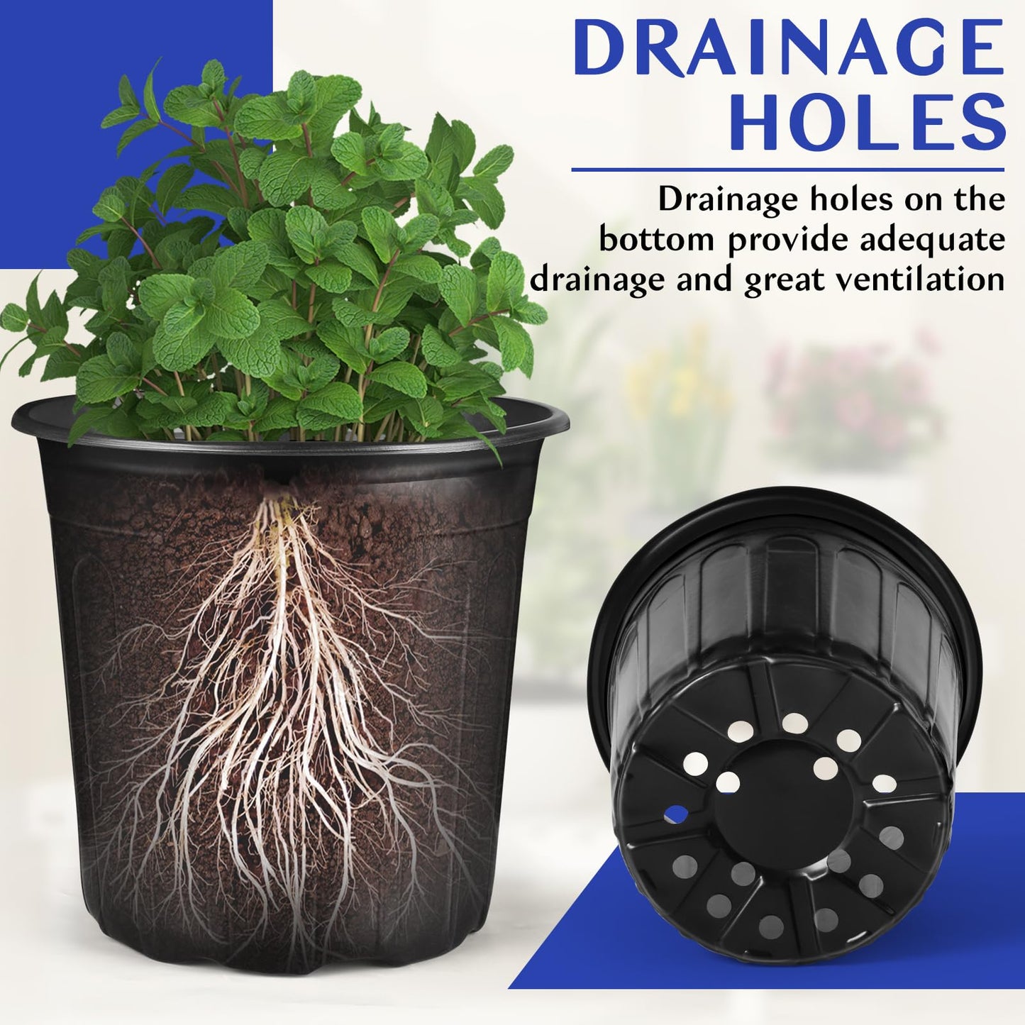 HQAUT 3 Gallon Pots for Plants, 10.6 Inch Gallon Nursery Pots with Drainage Holes, 3 Gallon Plastic Plant Pots for Cuttings, Seeding, Succulents, Transplanting