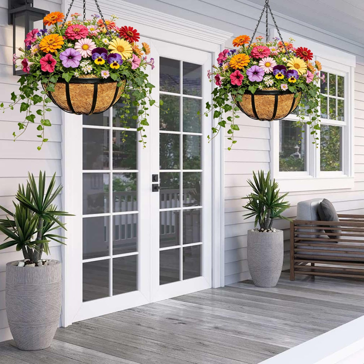 Qusuxi 2 Pack 12 Inch Metal Outdoor Hanging Baskets Black Heavy Duty Hanging Planters with Coco Liners for Indoor Outdoor Plants Gardens Patios Terraces（Flat Iron）