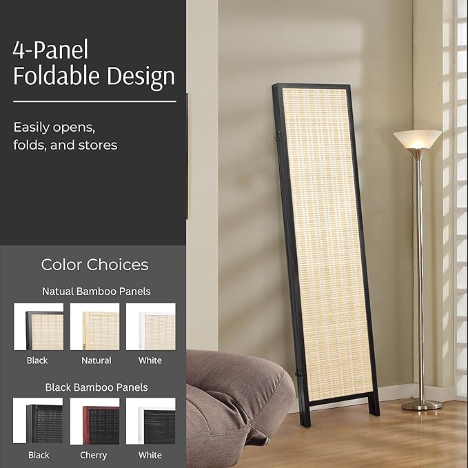 Roundhill Furniture Inkwell 4-Panel Bamboo Room Divider, Folding Portable