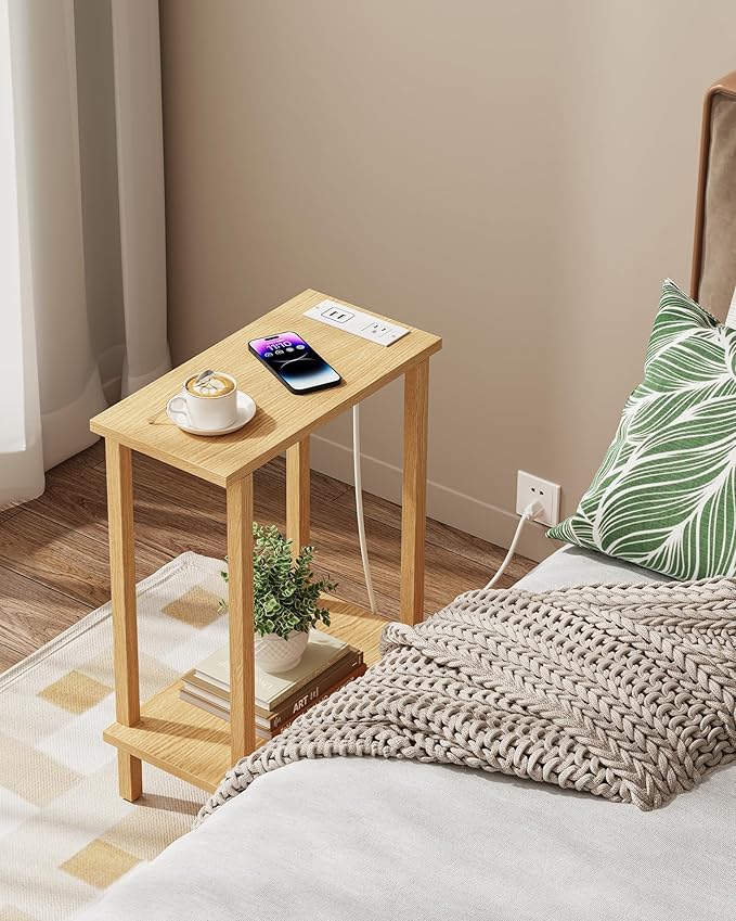 TUTOTAK Small End Table with Charging Station, Narrow Side Table with USB Ports