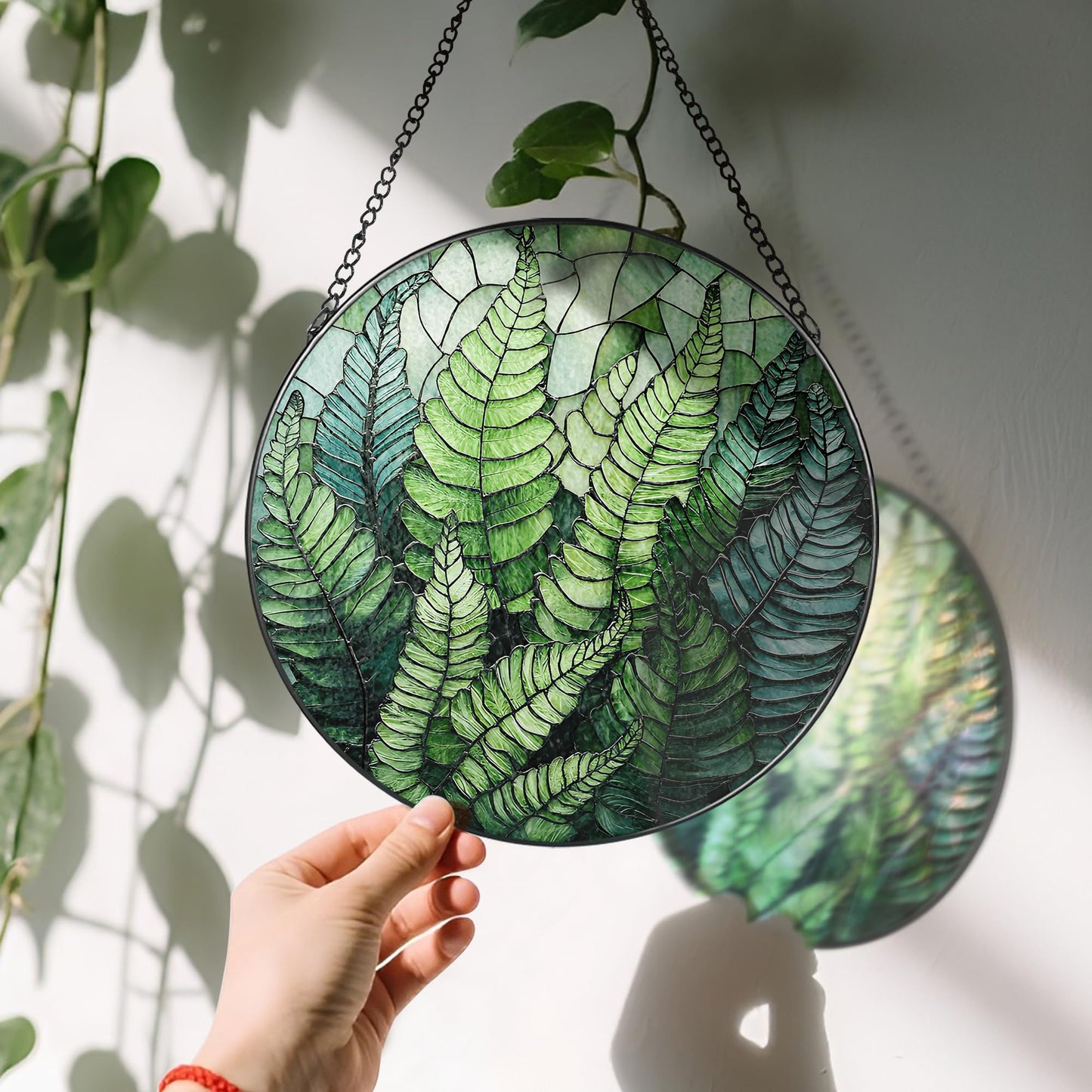 LAOWEIKI 8'' Fern Plant Sun Catcher Ornament, Stained Glass Window Hanging, Sun Catchers for Windows Hanging Ornaments, Window Decor | Plant Lover Gifts, Housewarming Gifts