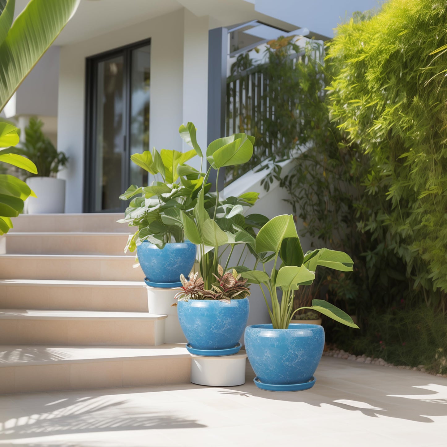 EPFamily Ceramic Plant Pots - 10+8+6 Inch Modern Round Planters for Indoor Outdoor with Drainage Holes and Plant Saucers, Room Patio House Office Decor, Gardening Gifts for Women Men, Set of 3, Blue