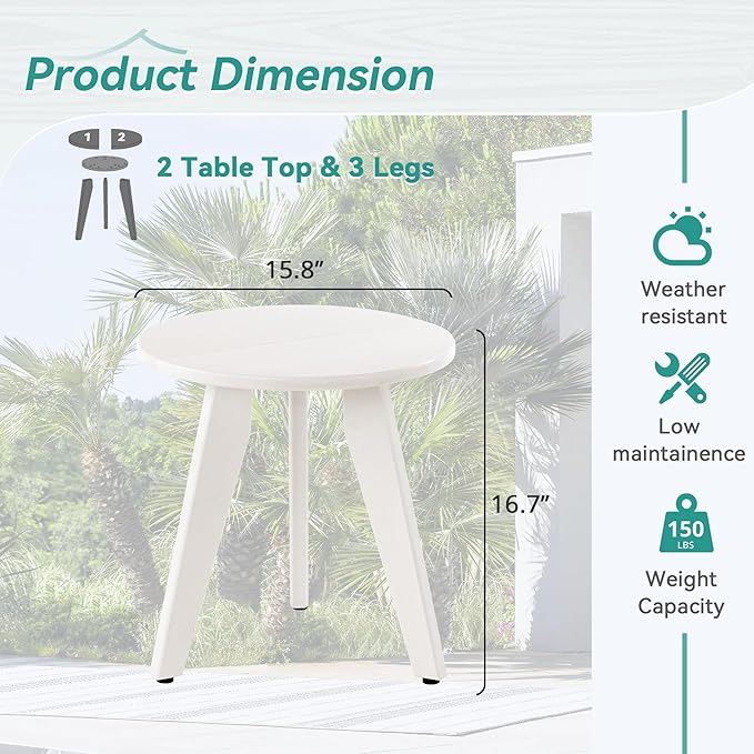 HDPE White Round Outdoor Table, Weather-Resistant, 15.8x15.8x16.7 inches