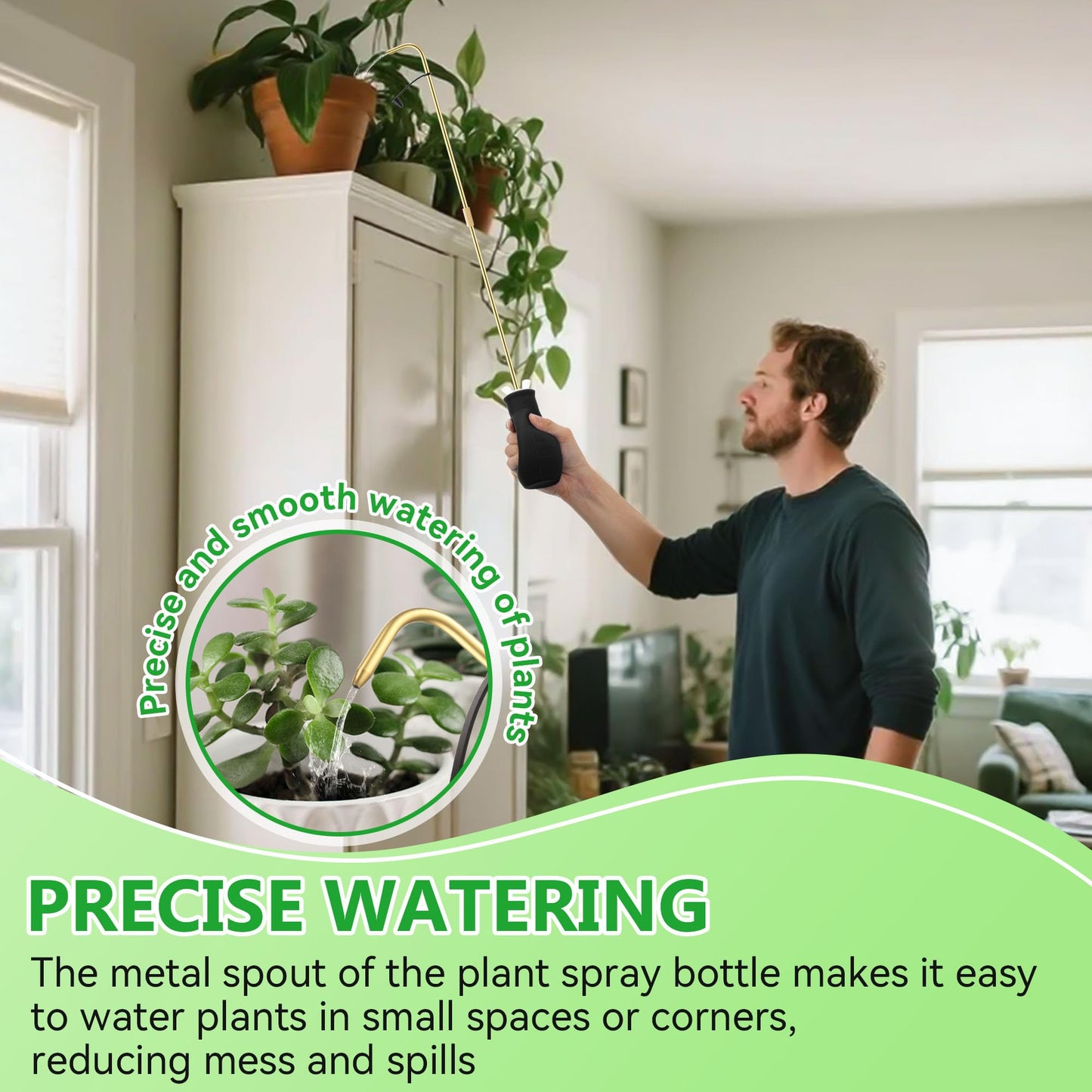 Squeeze Bottle for Hanging Plants, 19" Long Spout Plant Watering Bottle, Easy Squeeze Indoor/Outdoor Watering Can Alternative, Precise Sprinkling for Hanging Baskets, Houseplants(Black,8 oz,1 Pack)