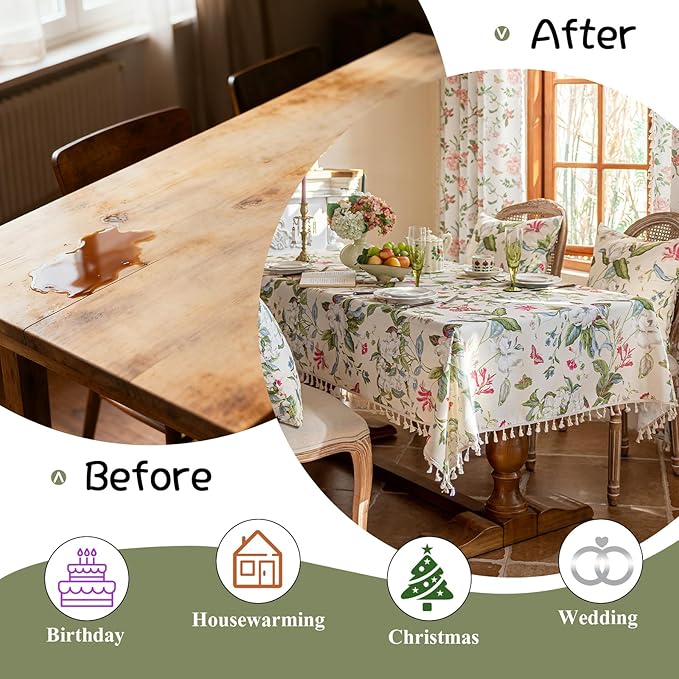 VClife Vintage Floral Butterfly Pattern Tablecloth, Linen Textured Rectangle
