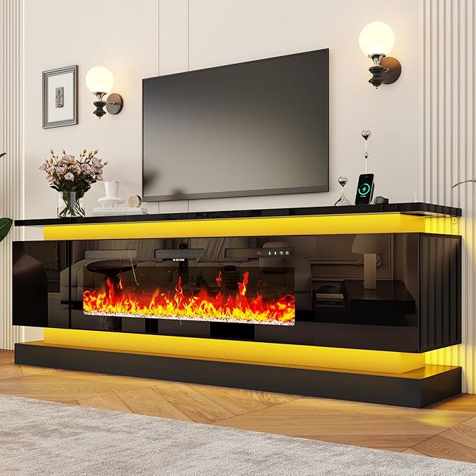 chartustriable 81IN LED TV Stands w/50 inch Fireplace Power Outlet