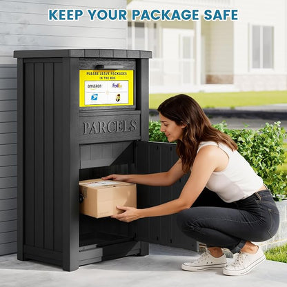 Package Delivery Box for Outside with Sign, Large Lockable & Weatherproof Anti-Theft Parcel Drop Box for Porch, Curbside, House Storage, Black(60 Gallon with Sign)