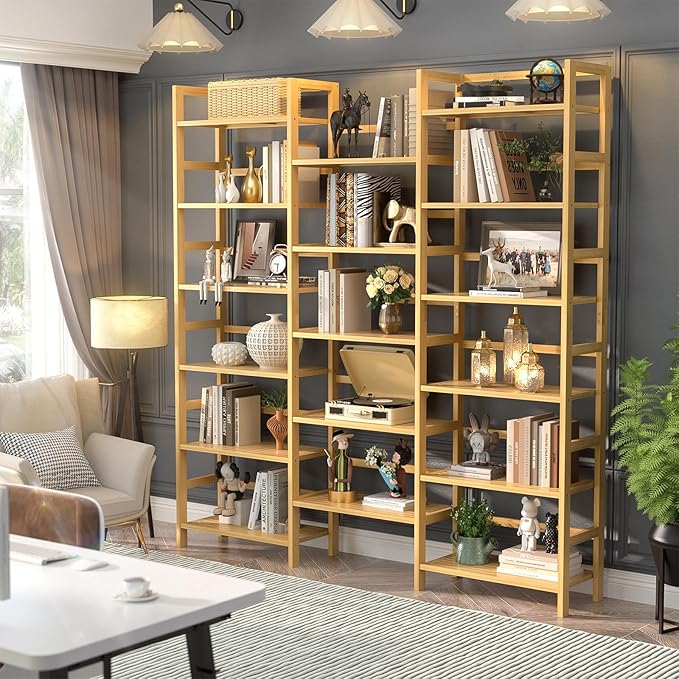 Homykic Bamboo Bookshelf, 71” Tall Triple Wide Bookcase