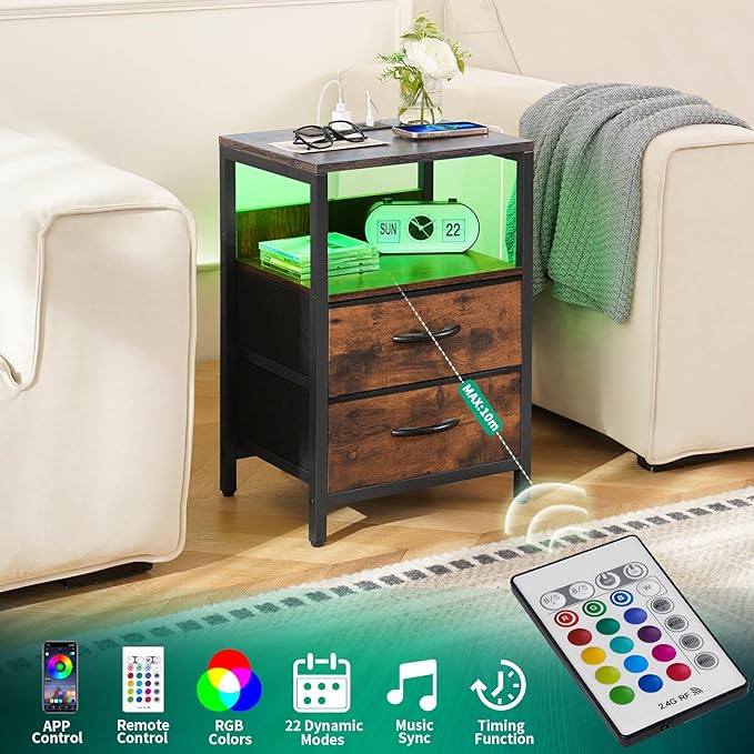 Yoobure Nightstand with Charging Station, LED Night Stand with Fabric Drawers