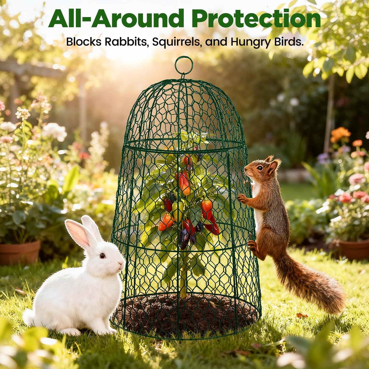 12 Pack XL Metal Garden Cloches for Plants, 17" Height Rustproof Chicken Wire Cloches for Seedlings, Vegetables & Flowers, Plant Protectors from Animals Includes 12 Humidity Domes & 48 Stakes - Green
