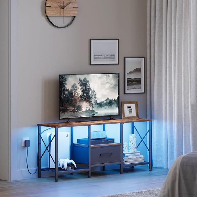 JARHETUN LED TV Stand with Fabric Drawer, Entertainment Center
