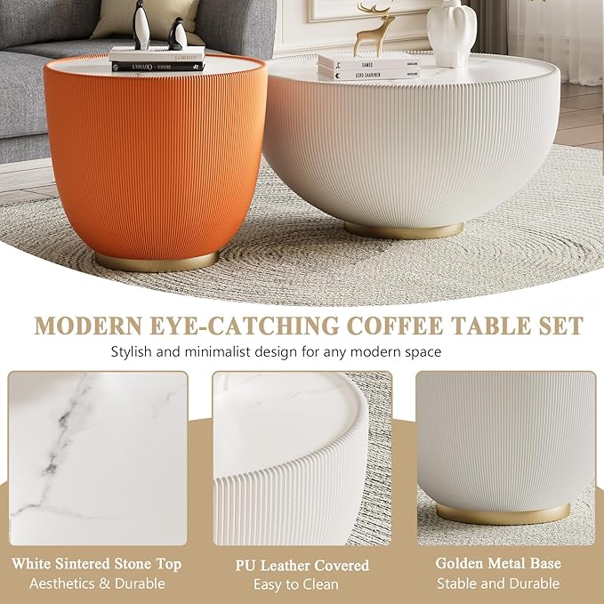 Round Marble Coffee Table Set of 2, 2 Piece Coffee Table and End Table