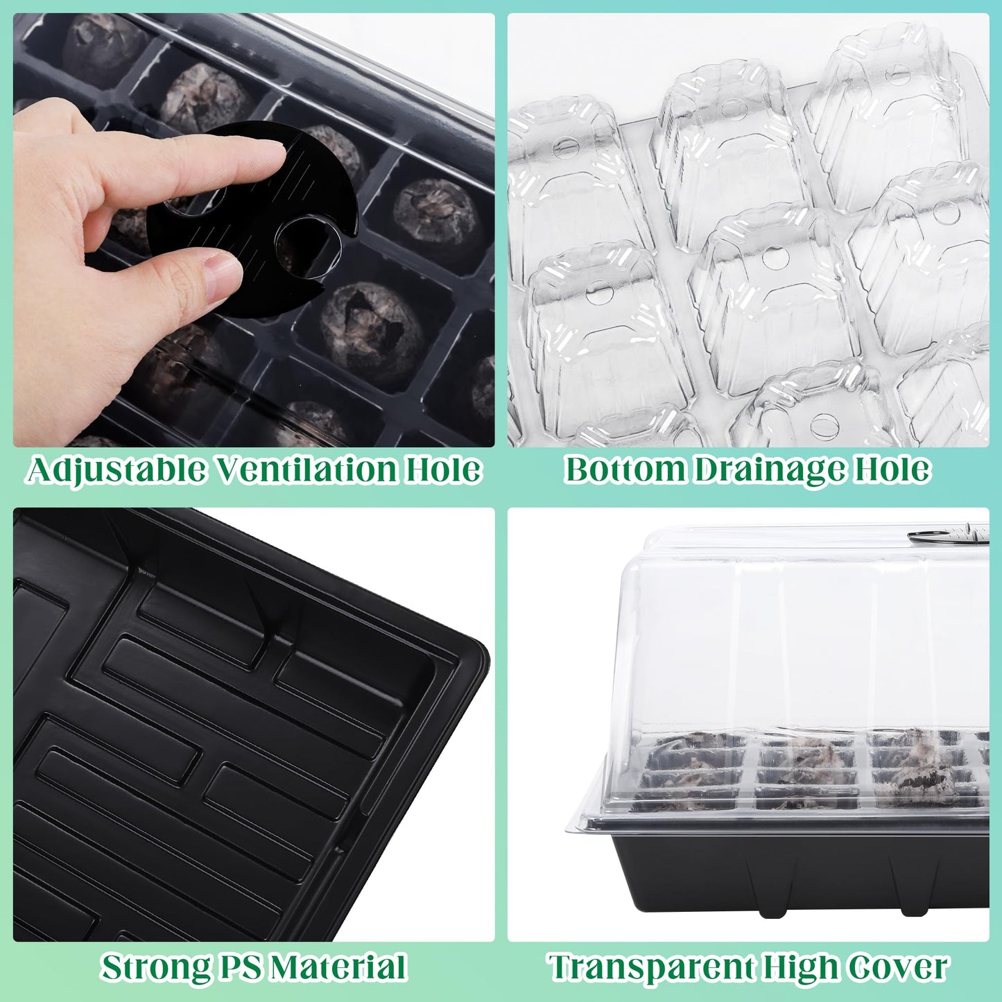 Hahood 4 Sets Seed Starter Tray Kit Germination Starter Tray with Humidity Dome and Base Include 100 Peat Pellets 100 Plant Labels Garden Tools Plastic Plant Growing Trays for Greenhouse Garden, Black