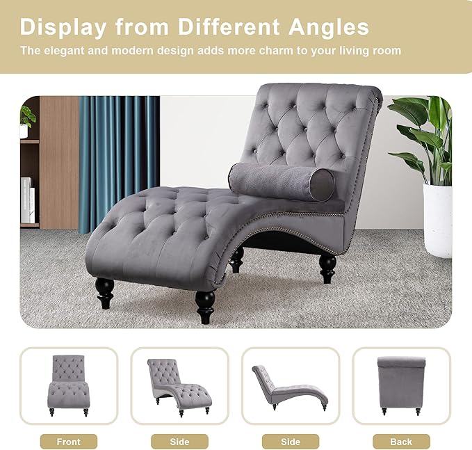 Chaise Lounge Indoor, Velvet Upholstered Lounge Chair Button-Tufted Armless