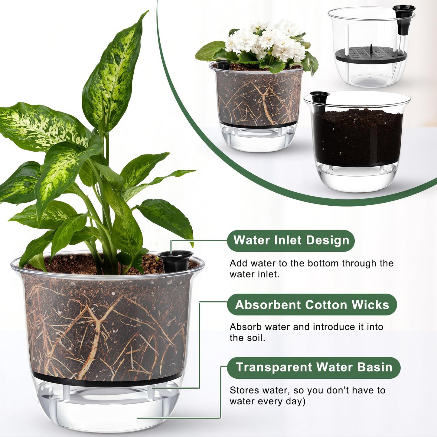 Ferrochef 6 Pcs Clear Self Watering Pots for Indoor Outdoor Plants Flowers, 2 Each of 4, 5 and 6 Inch Self Watering Planters with Reservoir, Drainage Hole and Absorbent Cotton Rope