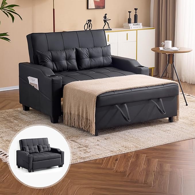 VINGLI Black Futon Sofa Bed Convertible Loveseat Sleeper Couch, Faux Leather