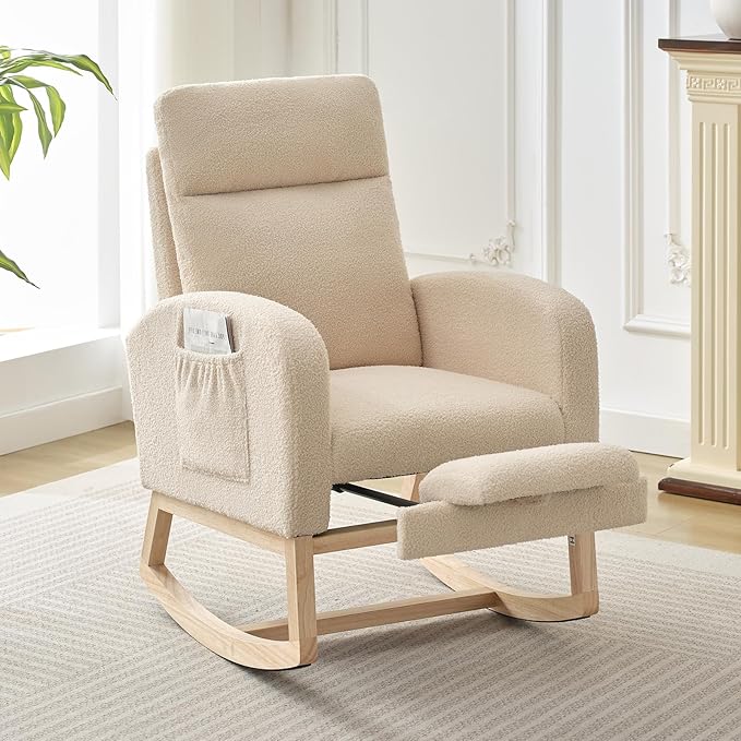 Nursery Rocking Chair with Foot Rest, High Back Upholstered Glider Rocker Chair