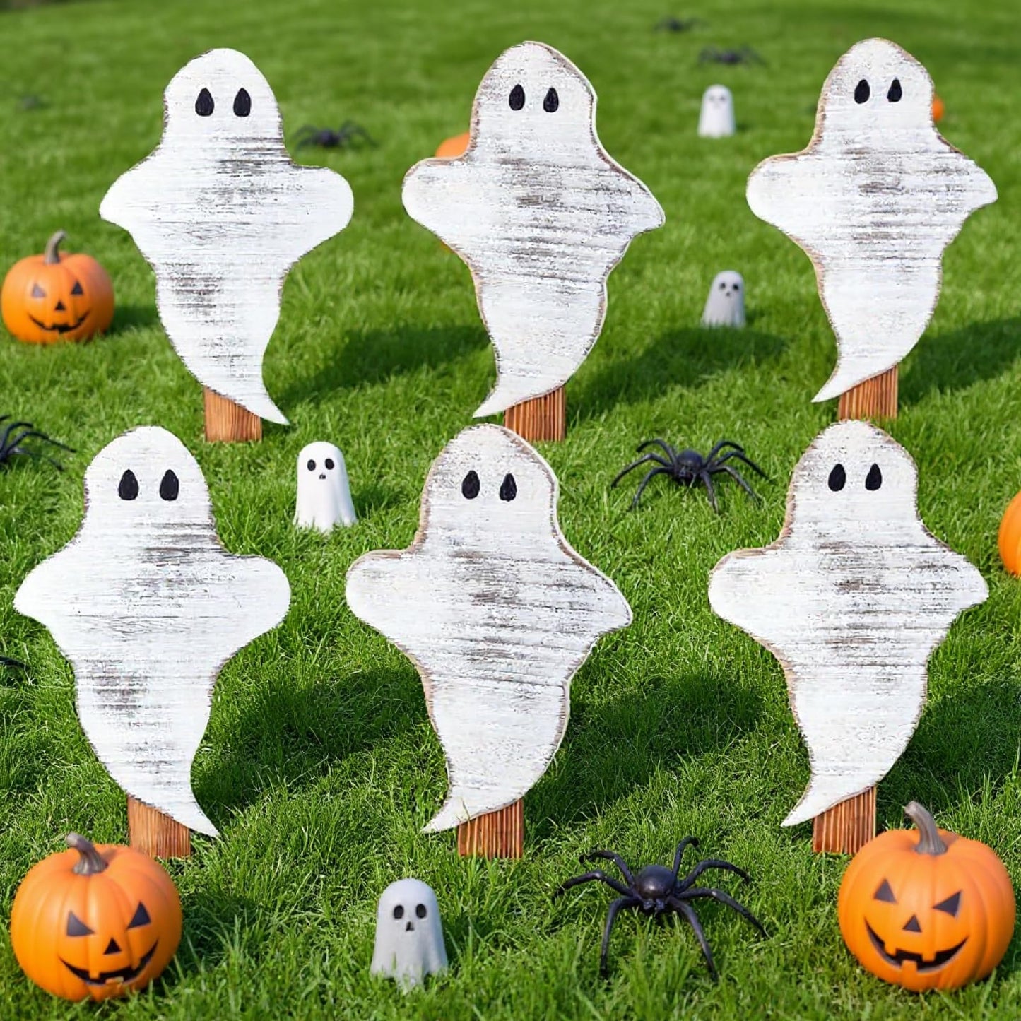 Amyhill 6 Pcs Wooden Halloween Ghost Yard Stakes 15'' Farmhouse Yard Signs Garden Decorations for Holiday Outdoor Lawn Patio Pathway Driveway Party Supplies, 3 Designs