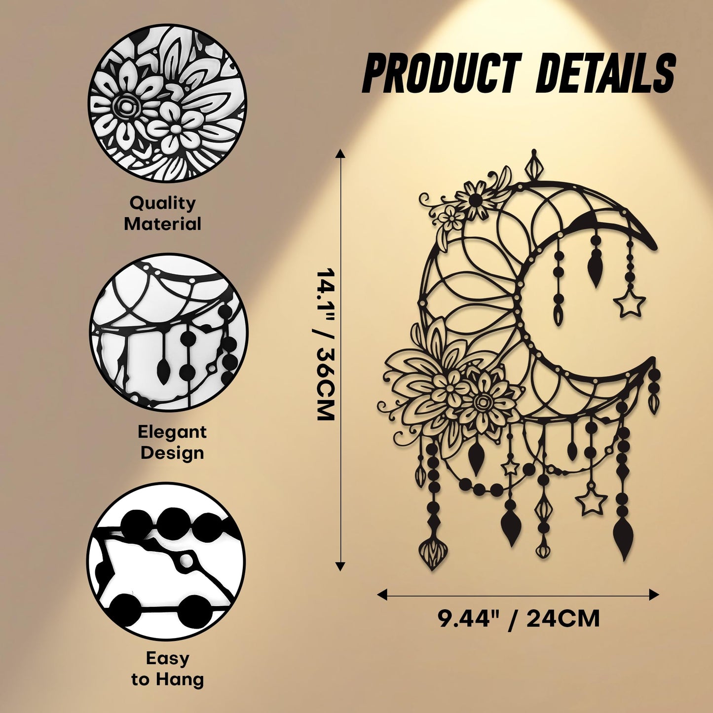 Xedatric Matte Black Moon Phase Wall Decor–Elegant Metal Moon Wall Art with Floral & Hanging Stars–Celestial Bedroom Decor for Indoor & Outdoor