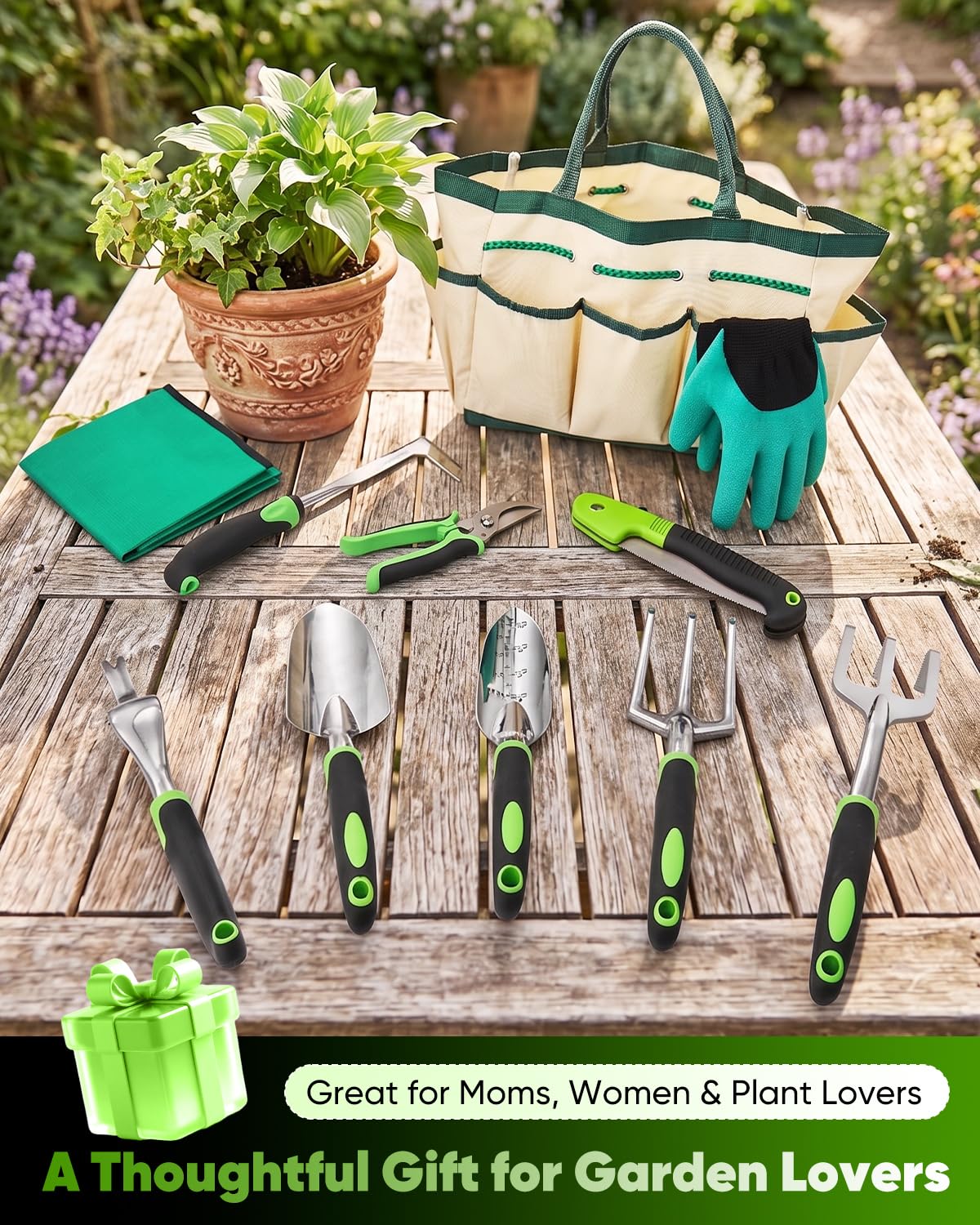 Garden Tool Set Gardening Tools - Heavy Duty Aluminum Tool Kit with Non-Slip Handle, Gardening Gloves and Tool Bag for Weeding, Planting and Pruning, Gifts for Women Mom (Green Set)