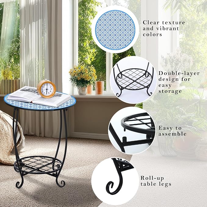 Cinnvoice Outdoor Side Table Round Small Mosaic Patio Accent Indoor End Plant