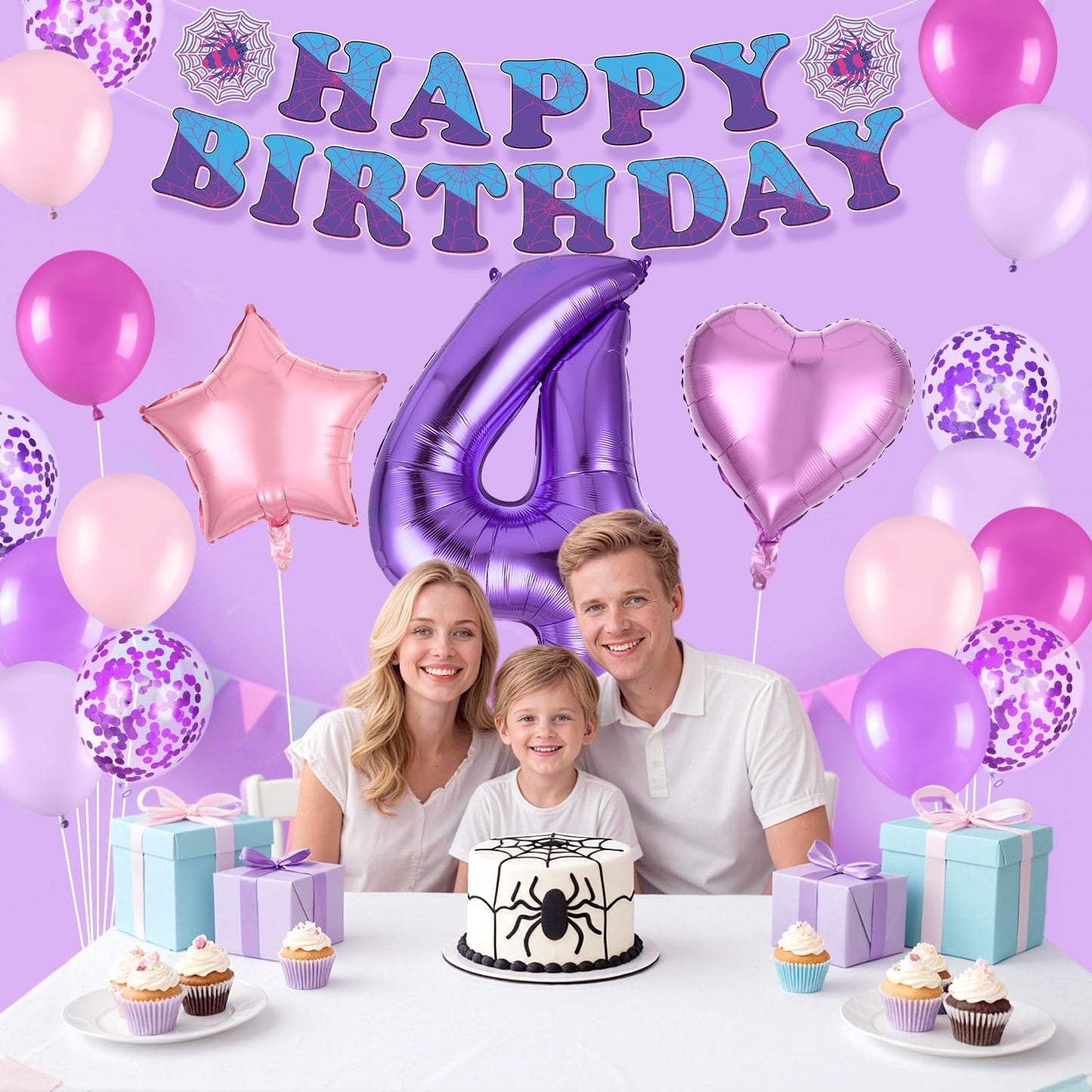 37pcs Ghost Spider 4th Birthday Decorations-Purple Number 4 Balloon,Happy Birthday Banner,Pink/Purple Balloons,Ghost Spider Theme Birthday Decor for 4 Year Old Girl Friends HB Party