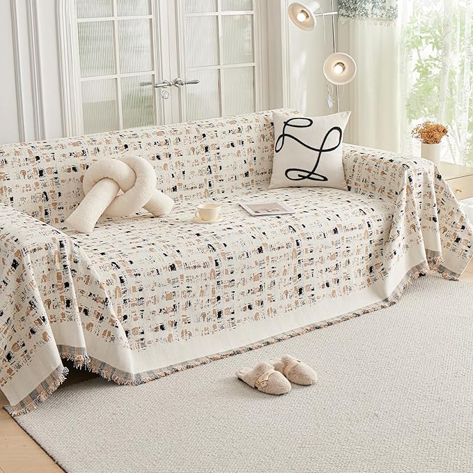 DREAMINGO Abstract Chenille Couch Cover Blanket Beige Khaki Black Boho Sofa