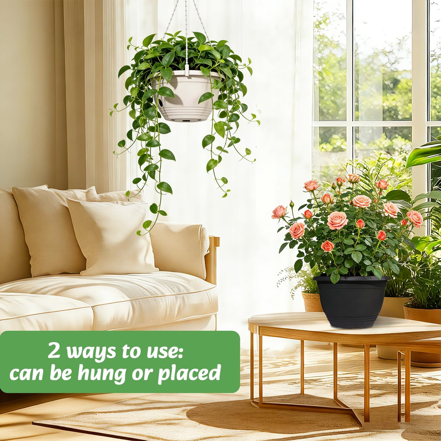 VIDELLY 2 Pack 8 Inch Self-Watering Hanging Planters, Dual-Use Plastic Flower Pots with Water Storage and Drainage, Indoor Outdoor Plant Containers for Herbs, Spider Plants, Pothos
