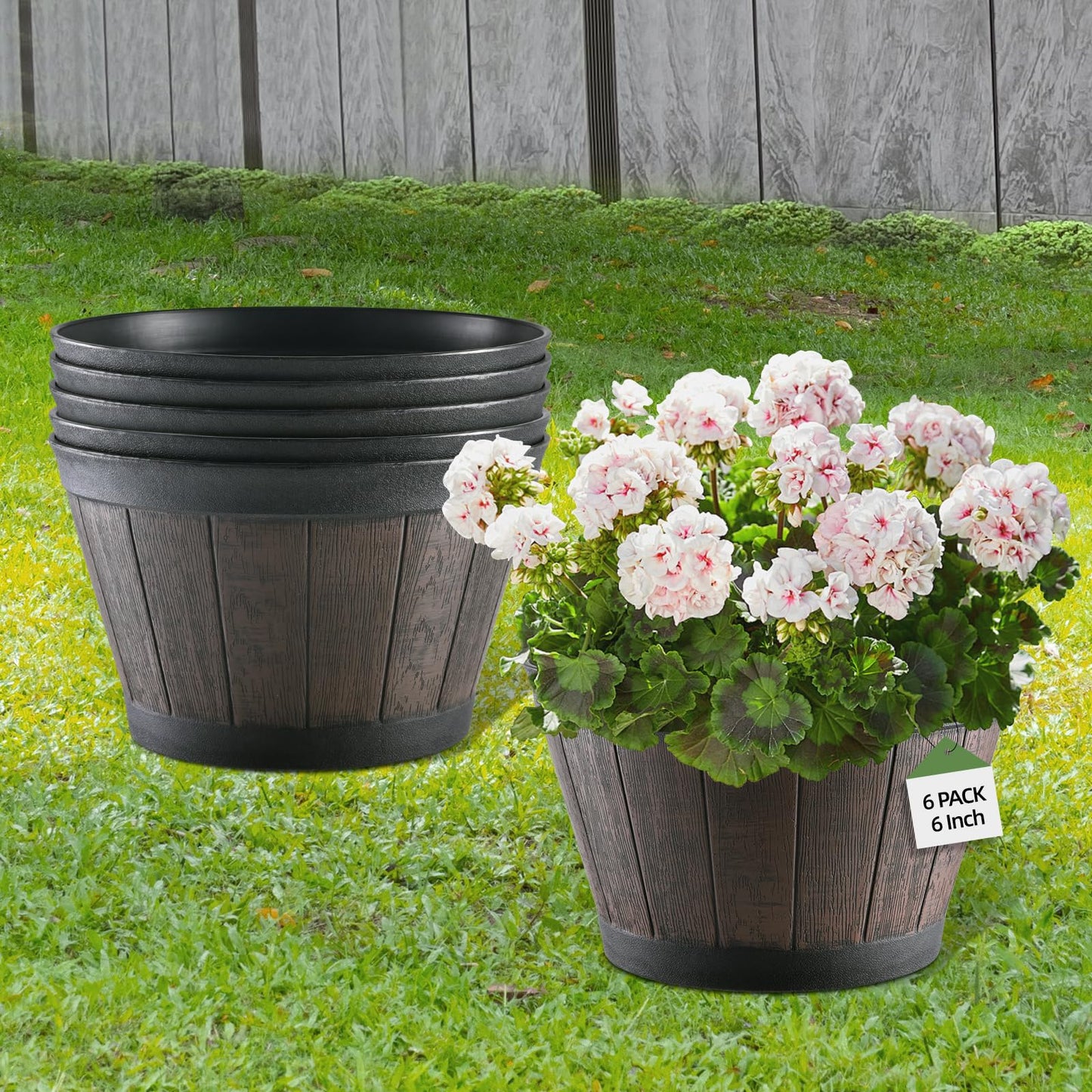 YI Barrel Planters Plant Pot Set of 6 Pack 6 Inch,Durable Plastic Flowerpot Mimics The Design of Wooden Whiskey Barrels,for Indoor & Outdoor Home Plants Essential for Home Gardening.