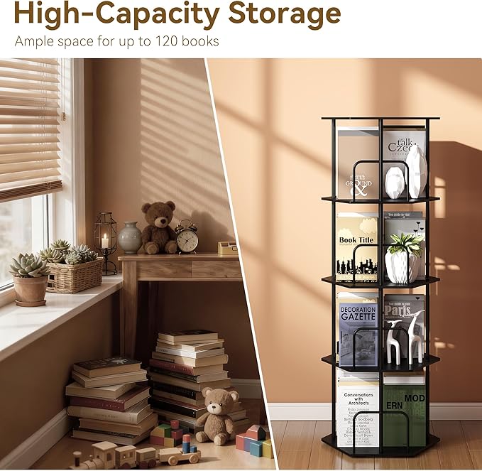 SUNMORY 4 Tier Rotating Bookshelf Tower, Revolving 360 ° Spinning Bookcase