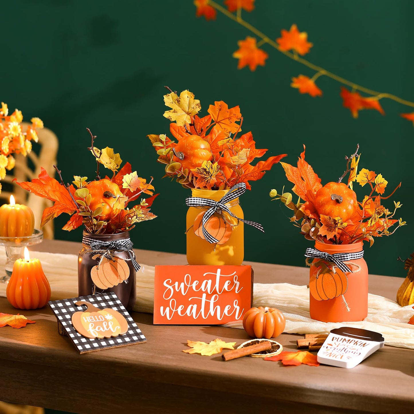 Jexine 18 Pcs Fall Mason Jar Table Centerpiece for Dining Room Mason Jar Vases Faux Floral Maple Leaves Pumpkins with Rope Wood Sign Farmhouse Tray Decor for Fall Wedding Kitchen Living Room