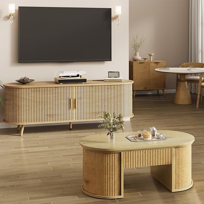 63 inch TV Stand with Power Outlet, Fluted Entertainment Center