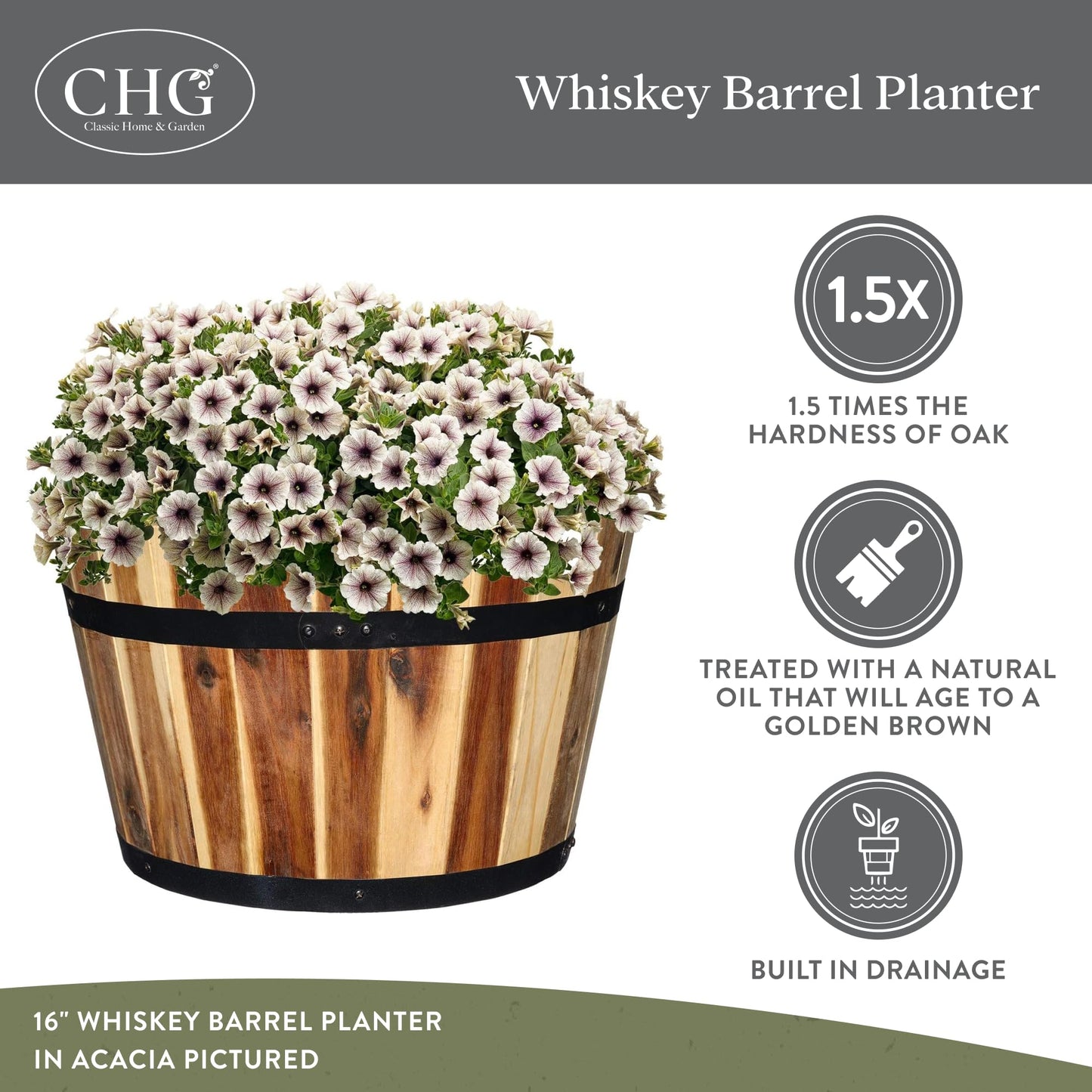 Classic Home & Garden 16" Whiskey Barrel Planter, Acacia