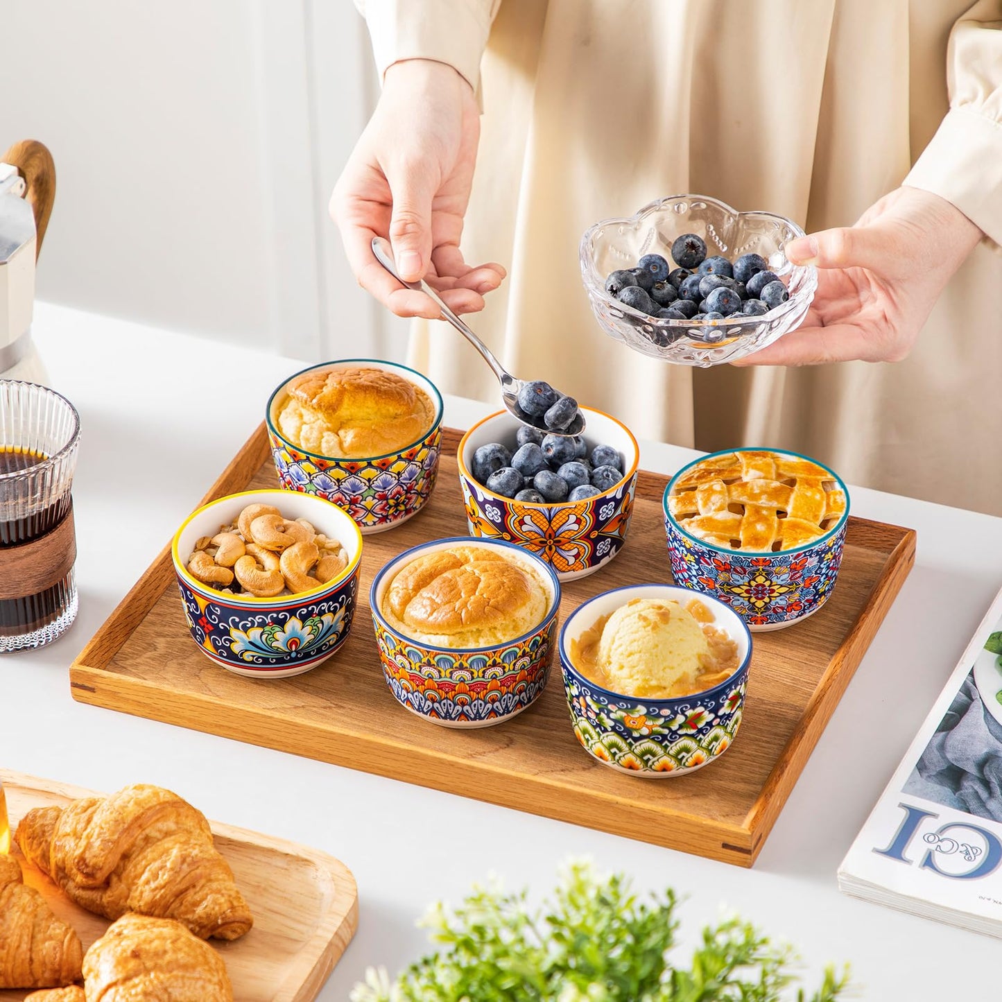 vancasso 6 Oz Ramekins Oven Safe Set of 6, Bohemian Creme Brulee Ramekins, Colorful Souffle Dishes, Pudding Custard Cups for Baking, Small Ceramic Bowls for Dipping Sauce, Ice Cream