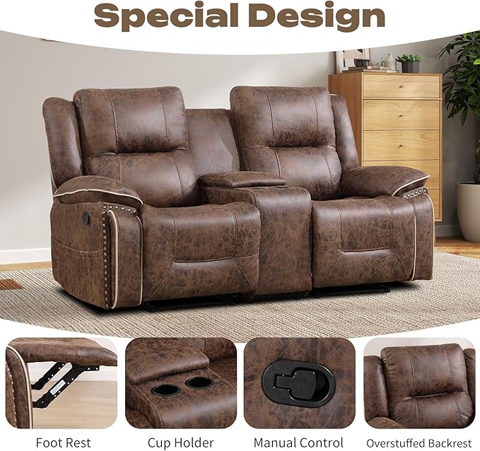 EBELLO Faux Leather Manual Recliner Sofa Set, 2 Seat Reclining Chair and a