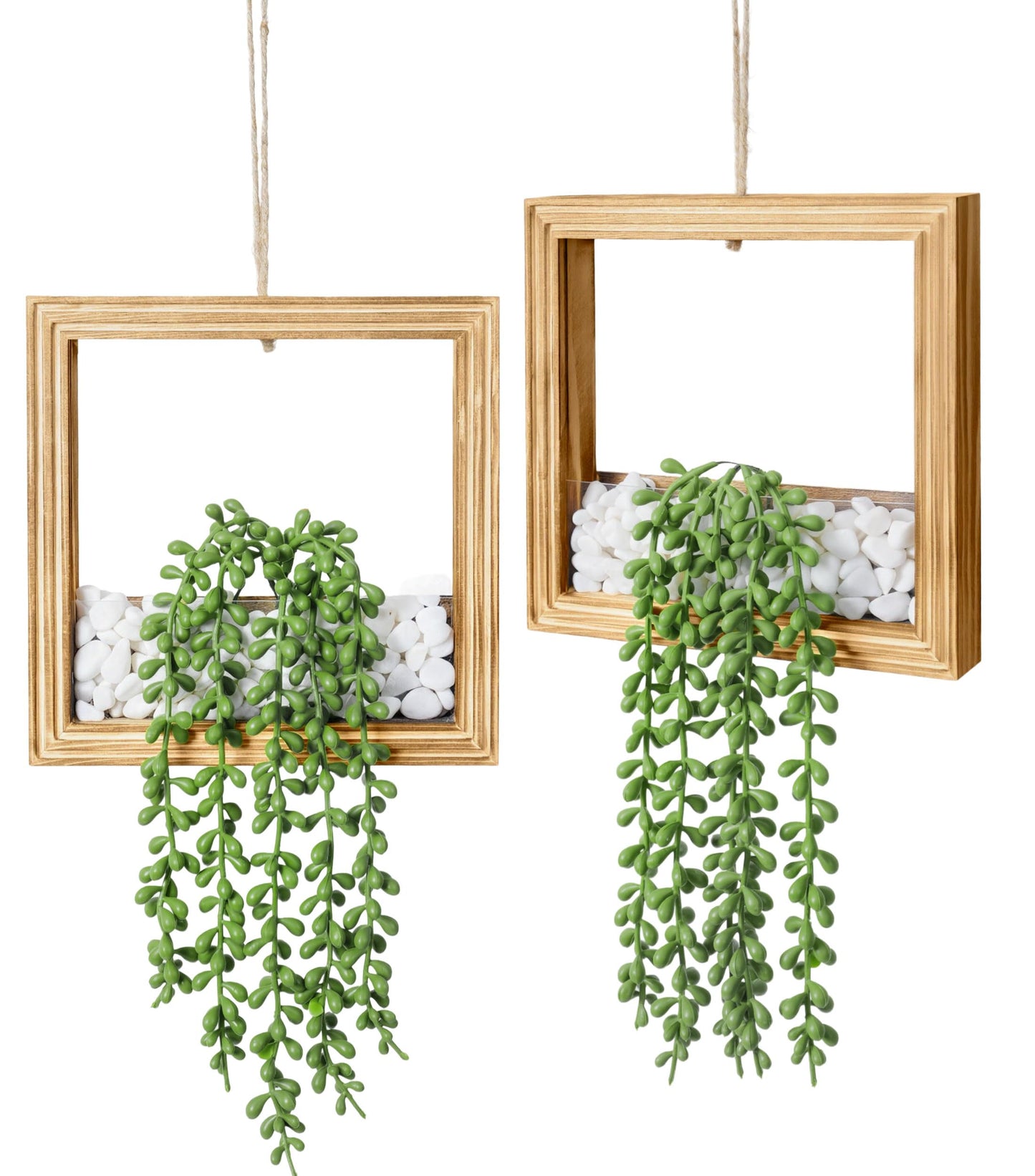 FancyPlus 2 Pack Fake Plants Hanging, Artificial Succulents Plants in Square Wooden Frame with LED Lights, Boho Wall Decor for Office Living Room Bathroom Bedroom Kitchen Indoor Outdoor, Burnt Wood