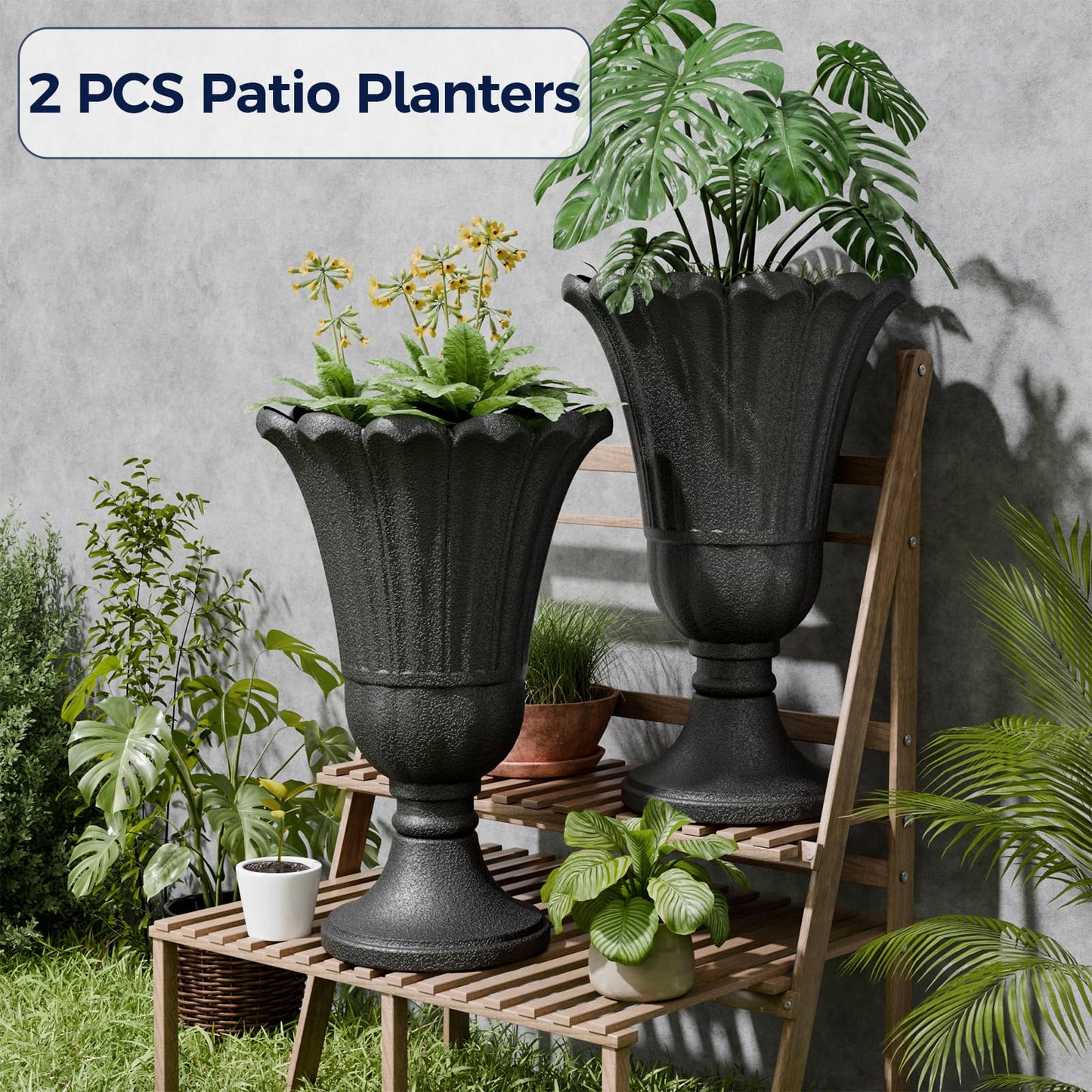 FONTOI 23" Tall Plastic Urn Planter (2-Pack) – Planters for Outdoor Plants with Drainage Holes & Petal Design, Heavy-Duty Classic Indoor Large Flower Pots for Home Garden, Front Porch & Decor, Black